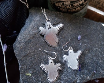 Sterling Silver Halloween Ghost Necklace Pendant Earrings