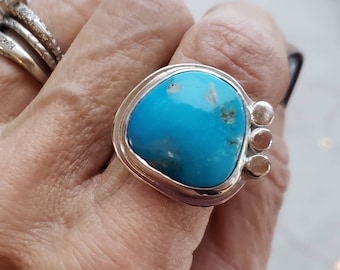 Sterling Silver Ring Kingman Mine American Turquoise Chunky Adjustable Size, handmade sterling silver, Southwest style, Modern clean style