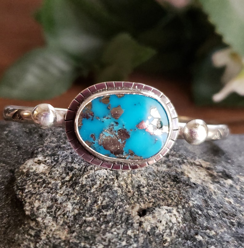 Morenci Turquoise Cuff sterling silver bracelet hand stamped Arizona turquoise handmade artisan jewelry