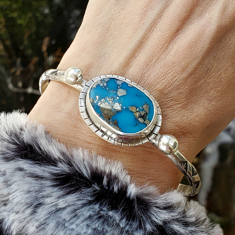 Morenci Turquoise Cuff sterling silver bracelet hand stamped Arizona turquoise handmade artisan jewelry