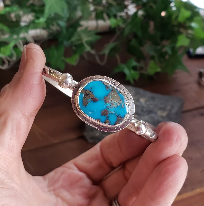 Morenci Turquoise Cuff sterling silver bracelet hand stamped Arizona turquoise handmade artisan jewelry