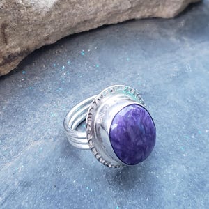 Chunky Russian Charoite ring, high dome, thick band, size 8