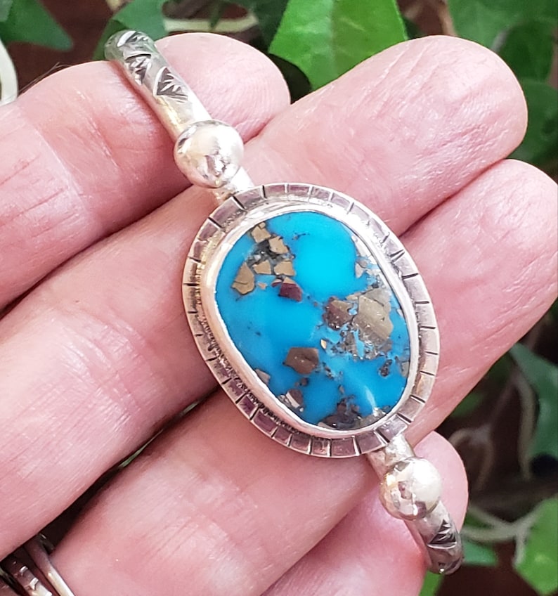 Morenci Turquoise Cuff sterling silver bracelet hand stamped Arizona turquoise handmade artisan jewelry