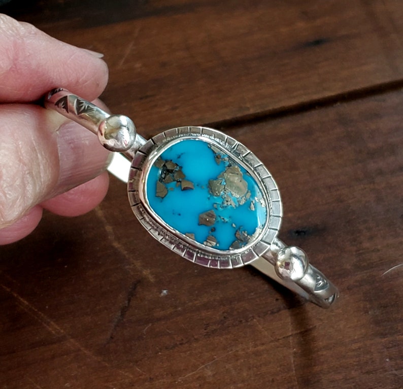 Morenci Turquoise Cuff sterling silver bracelet hand stamped Arizona turquoise handmade artisan jewelry