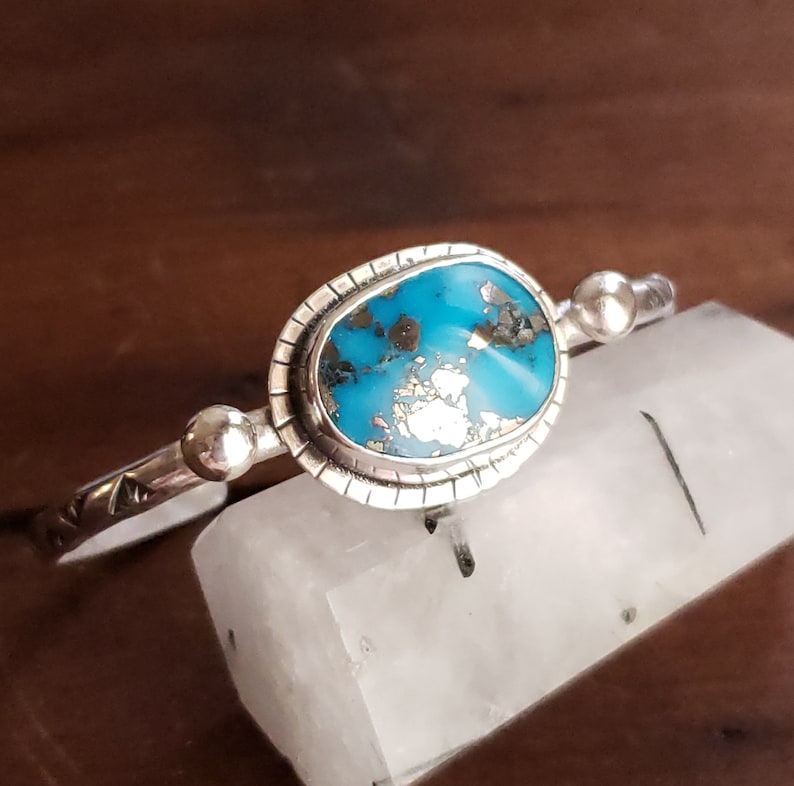 Morenci Turquoise Cuff sterling silver bracelet hand stamped Arizona turquoise handmade artisan jewelry