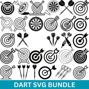 May include: A collection of black and white dartboard and dart designs. The image includes various dartboards, darts, and dart-related graphics. The text "DART SVG BUNDLE" is at the bottom in a teal rectangle.