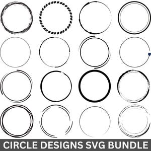 Op de afbeelding: Een verzameling van zestien zwart-witte cirkelontwerpen in verschillende stijlen. Sommige cirkels zijn effen, andere hebben getextureerde of gestippelde lijnen. De tekst "CIRCLE DESIGNS SVG BUNDLE" staat onderaan.