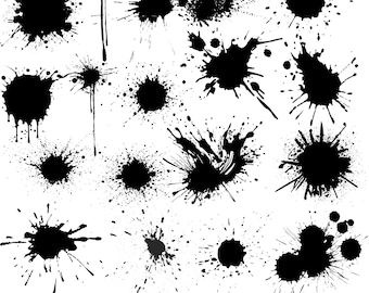 May include: A collection of black paint splatters in various shapes and sizes against a white background. The image includes drips, dots, and bursts of paint. Text at the bottom reads "PAINT SPLATER SVG BUNDLE".