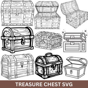 May include: A collection of black and white illustrations of treasure chests in various styles. Some chests are open, revealing the interior, while others are closed. The text "TREASURE CHEST SVG" is at the bottom.