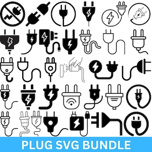 May include: A collection of black and white plug icons, including various styles of electrical plugs, power cords, and a prohibition sign. The phrase "PLUG SVG BUNDLE" is written in blue at the bottom of the image.