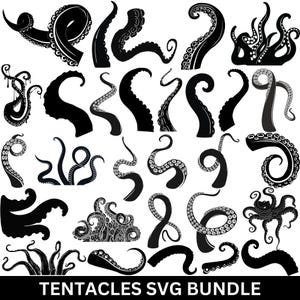 May include: A collection of black octopus tentacles in various shapes and sizes against a white background. The tentacles are detailed with suction cups and curves, perfect for digital art projects. The text "TENTACLES SVG BUNDLE" is at the bottom.