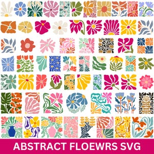 Könnte beinhalten: Eine Sammlung farbenfroher, abstrakter Blumendesigns in verschiedenen Formen und Größen. Die Designs weisen eine Reihe von Farben auf, darunter Rosa, Gelb, Blau und Orange. Der Text "ABSTRACT FLOEWRS SVG" wird unten im Bild angezeigt.