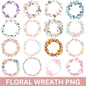 Paquete de imágenes PNG de coronas florales en acuarela, marco circular dorado, sublimación de flores coloridas