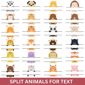 Peut inclure: Illustrations d'animaux de dessins animés, chacun tenant une ligne horizontale noire pour le texte. Les animaux comprennent un raton laveur, un carlin, un lion, un hérisson, un singe, un tigre, un ours, un panda, une souris, une girafe, un renard, un taureau, un ours, un léopard, un hippopotame, une tortue, un hibou, un cerf, un zèbre, un lynx et un cochon.