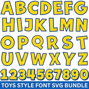 May include: A full alphabet and numbers 0-9 in a yellow, cartoon-style font with blue outlines. The text "TOYS STYLE FONT SVG BUNDLE" is displayed at the bottom in blue.