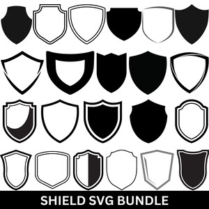 Puede incluir: Una colección de diseños de escudos en blanco y negro. Los escudos varían en forma y estilo, incluyendo diseños en negro sólido, contorneados y de dos tonos. El texto "SHIELD SVG BUNDLE" está en la parte inferior.