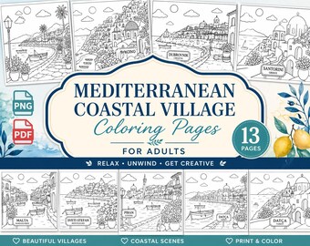 May include: A set of 13 coloring pages featuring Mediterranean coastal villages, designed for adults. The black and white illustrations showcase coastal scenes with boats and buildings. Available in PNG and PDF formats.
