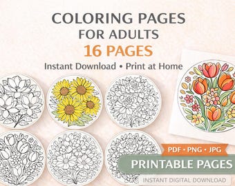 May include: Printable adult coloring pages featuring floral designs. The image displays circular illustrations of flowers, such as sunflowers and tulips, some coloured and some in black and white. Text on the image reads "COLORING PAGES FOR ADULTS 16 PAGES".