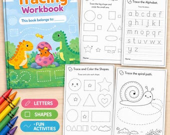 May include: A children's tracing workbook with a blue cover featuring the title "My First Tracing Workbook" and dinosaur illustrations. The workbook includes tracing pages for letters, shapes, and fun activities. The text "20+ FUN TRACING PAGES!" is displayed, along with "AGES 3-5".