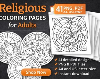 May include: The image displays religious coloring pages for adults. The design features detailed line art illustrations of religious figures and symbols. The text on the image says "Religious Coloring Pages for Adults". The image also says "41 PNG, PDF A4/US Letter".