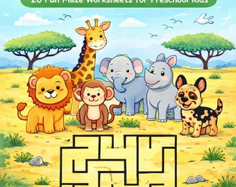 May include: A children's activity book titled "Safari Animal Maze Adventure" with cartoon animals like a lion, giraffe, elephant, and monkey. The book includes a maze and is designed for preschool kids aged 3-5. The book's title is in orange.