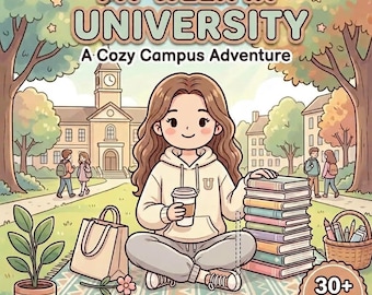 May include: A colouring book cover titled My Week in University: A Cozy Campus Adventure featuring a cartoon person sitting on a patterned blanket with a stack of books, a coffee cup, a tote bag, a potted plant, and a basket of art supplies.