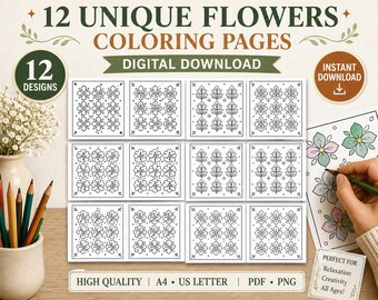 May include: A digital download of 12 unique flower coloring pages. The pages feature various floral designs in a square format. The image includes text that says "Digital Download", "High Quality", and "Instant Download".