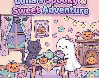 May include: A cartoon illustration titled Luna's Spooky & Sweet Adventure featuring a black cat and a white ghost sitting at a wooden table having tea with cupcakes and pumpkins. The scene includes a fireplace, a window with bat curtains, and star decorations.