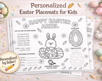 May include: White Easter placemats for children with the text "Personalised Easter Placemats for Kids" and "Happy Easter Ariel". The placemats feature a bunny, Easter eggs, mazes, and word puzzles. Includes a "Personalised by Seller!" sticker.