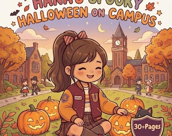 May include: A book cover titled HANA'S SPOOKY HALLOWEEN ON CAMPUS featuring a cartoon girl in a varsity jacket sitting on grass with jack-o'-lanterns and autumn leaves. The background shows a campus clock tower and buildings. A shield icon says 30+ Pages.