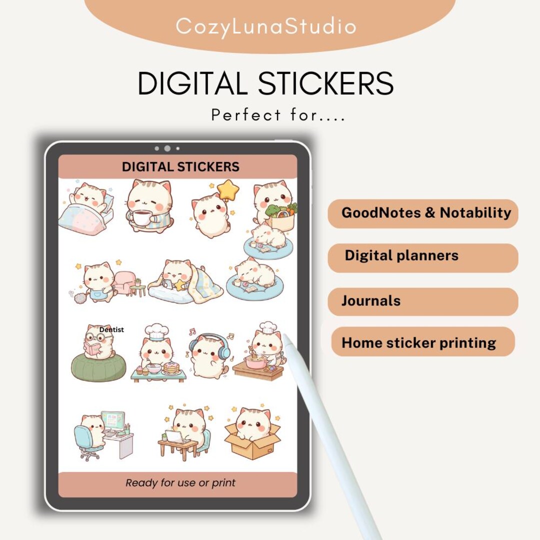 Digital Stickers Cute Cozy Cat Kawaii – Ideal for Digital Goodnotes ...