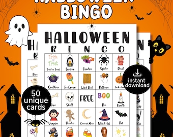 May include: A Halloween Bingo game set featuring a white grid with black text and colorful illustrations of ghosts, spiders, pumpkins, and other holiday icons. The cards include the text Halloween Bingo, 50 unique cards, and instant download.