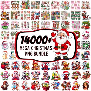 May include: A digital collection of 14000+ Christmas PNG files featuring various holiday characters like Santa Claus, cartoon figures, and festive icons. The central graphic displays a waving Santa Claus and the text 14000+ MEGA CHRISTMAS PNG BUNDLE.