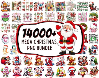 May include: A digital collection of 14000+ Christmas PNG files featuring various holiday characters like Santa Claus, cartoon figures, and festive icons. The central graphic displays a waving Santa Claus and the text 14000+ MEGA CHRISTMAS PNG BUNDLE.