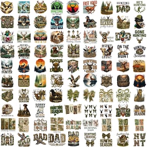 May include: A collection of graphic designs featuring hunting themes, including illustrations of deer, ducks, hunting dogs, camouflage patterns, bows, and text such as Hunting Season, Dad, and various hunting-related slogans in a grid layout.