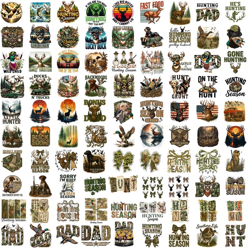 May include: A collection of graphic designs featuring hunting themes, including illustrations of deer, ducks, hunting dogs, camouflage patterns, bows, and text such as Hunting Season, Dad, and various hunting-related slogans in a grid layout.