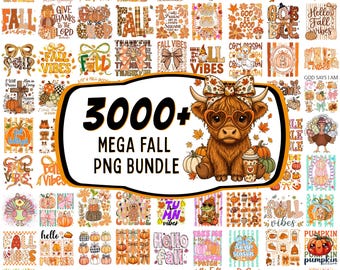 May include: A digital collection of 3000+ fall-themed PNG graphics featuring pumpkins, turkeys, highland cows with bows and heart-shaped glasses, autumn leaves, and seasonal text like Fall Vibes, Hello Fall, and Thankful in orange, brown, and cream.
