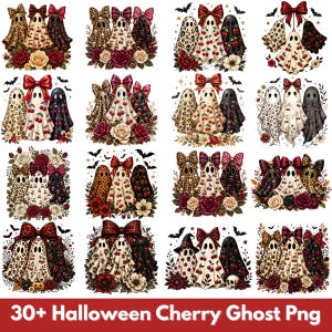 May include: A collection of sixteen graphic illustrations featuring trios of ghosts adorned with bows, cherry patterns, leopard prints, and floral arrangements of red and white roses, with some designs including bats and skulls, labeled 30+ Halloween Cherry Ghost Png.