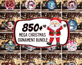 May include: A digital collection of 850+ round Christmas ornaments featuring various holiday illustrations including Santa Claus, snowmen, reindeer, and winter scenes, displayed with a central graphic of Santa Claus and the text 850+ MEGA CHRISTMAS ORNAMENT BUNDLE.