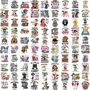 May include: A collection of graphic designs featuring various cartoon animals, skeletons, and human characters paired with humorous text slogans. The grid displays diverse illustrations including ducks, cows, raccoons, and cats in colorful, detailed styles.
