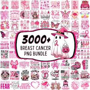 May include: A digital collection of over 3000 pink-themed breast cancer awareness graphics featuring ghosts, gnomes, ribbons, butterflies, and sports motifs. The central graphic displays a ghost wearing a witch hat holding a pink pumpkin bucket.
