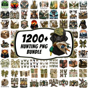 Puede incluir: Una colección digital de más de 1200 gráficos PNG con temática de caza que incluye ilustraciones de ciervos, patos, perros de caza, patrones de camuflaje, lazos y paisajes, centrada en un Labrador negro con una gorra de camuflaje.