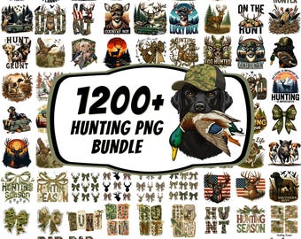 May include: A digital collection of over 1200 hunting-themed PNG graphics featuring various illustrations of deer, ducks, hunting dogs, camouflage patterns, bows, and outdoor scenery, centered around a black Labrador retriever wearing a camo cap.