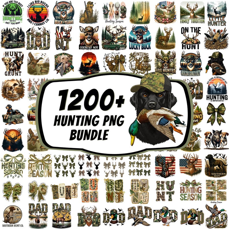May include: A digital collection of over 1200 hunting-themed PNG graphics featuring various illustrations of deer, ducks, hunting dogs, camouflage patterns, bows, and outdoor scenery, centered around a black Labrador retriever wearing a camo cap.