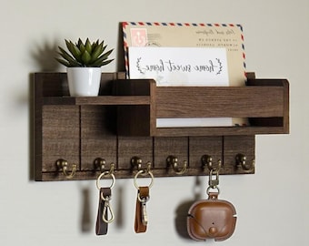 Houten wandplank met haken – rustieke sleutelhouder hal, zwart of natuurlijk hout, moderne wandopberger