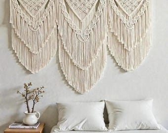 Tapiz de pared de macramé XL hecho a mano / Decoración de pared de algodón bohemio, fondo neutro para hogar y boda