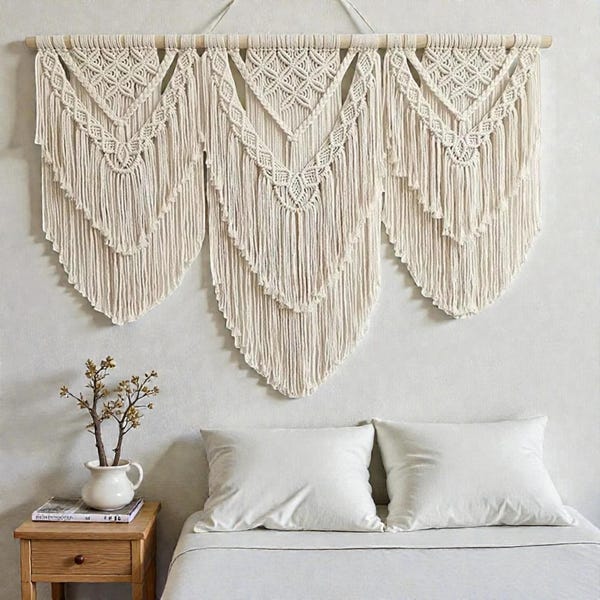 Painel de parede em macramê XL feito à mão | Decoração de parede boho em algodão, cenário neutro para casa e casamento