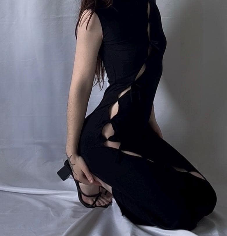 chinese dress ladies Black Fringe Cut Out Lace Up Back Long Sleeves Dress main image 0