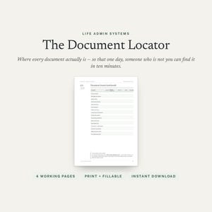 Peut inclure: Un modèle de document numérique intitulé Life Admin Systems The Document Locator. La page présente un tableau pour suivre l'emplacement des documents, avec des colonnes pour le nom, l'emplacement physique, numérique et des notes. 4 pages de travail.