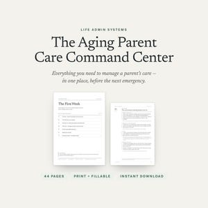 Peut inclure: Un document numérique intitulé Life Admin Systems The Aging Parent Care Command Center. Il comprend deux pages de texte, l'une intitulée The First Week et l'autre The conversation nobody prepares you for, avec 44 pages, impression, remplissable, téléchargement instantané.